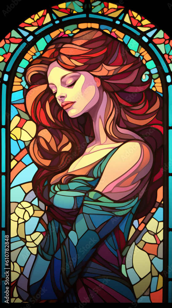 stained glass window of a beautiful woman. Vibrant colors. AI generated image.