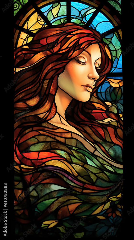 stained glass window of a beautiful woman. Vibrant colors. AI generated image.