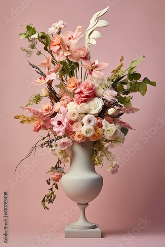 Bouquet of flowers in vase. AI generated art illustration.