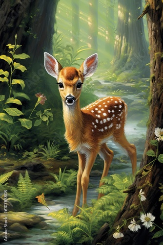 White tailed deer in the forest. AI generated art illustration. 