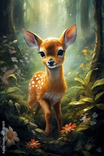 White tailed deer in the forest. AI generated art illustration. 