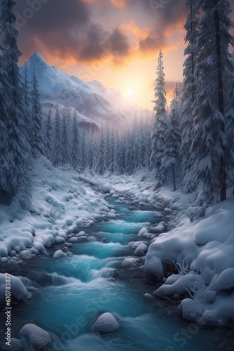 Winter landscape with river. AI generated art illustration. 