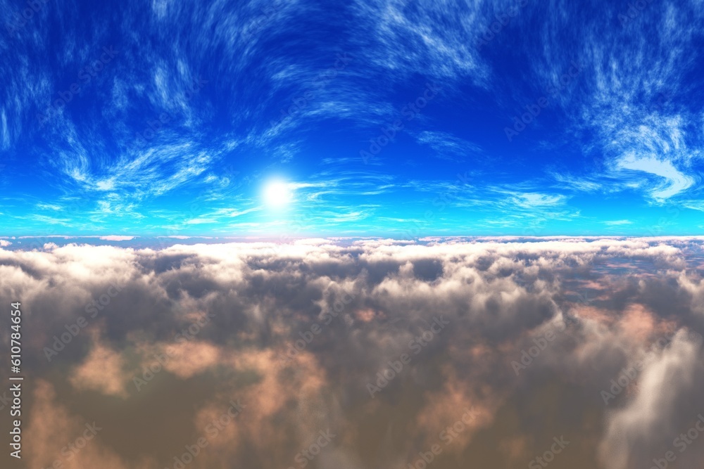 Landscape of clouds, , sunrise above the clouds, beautiful view of the clouds from above, 3d rendering
