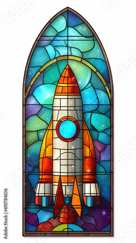 rocket stained glass. Vintage. Vibrant colors. AI generated image.