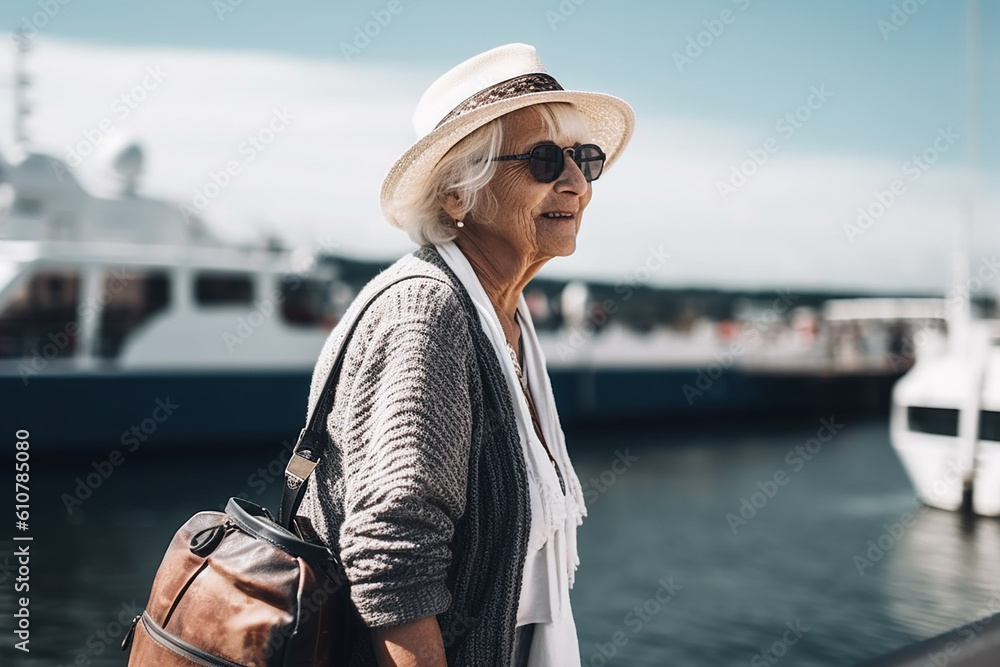 Senior woman travelling in a city near river. Generative AI