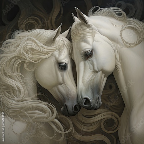 white horses portrait. Illustration 3d render. generative AI