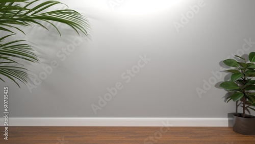 Blank clean white wallpaper wall with leaf shadow and wood floor and plant for luxury product display, interior design decoration background 3D rendering.