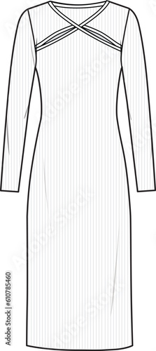 Women's Round Neck, Cut-out Knit Dress. Technical fashion illustration. Front and back, white color. Women's CAD mock-up.