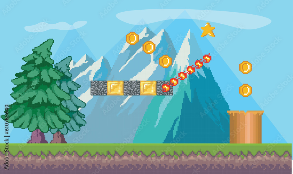 Start game, choose player, pixel game background forest trees, fire, stones, apples and bananas, menu for pixelated app games.
