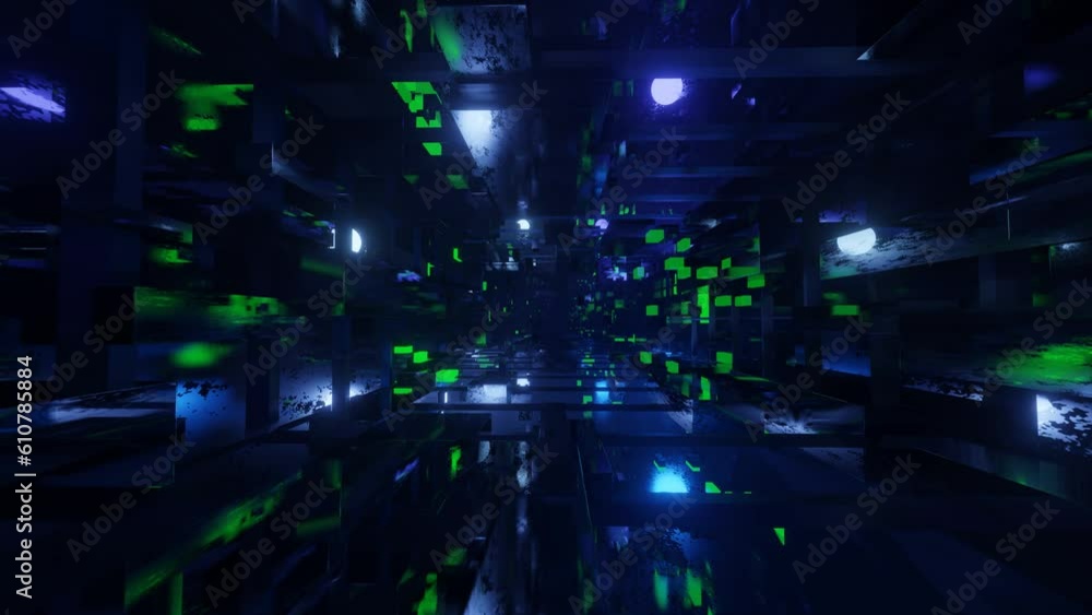 sci-fi constructions, mysterious 3d objects in fog. Fly through technology cyberspace with neon glow. Sci-fi flight through hi-tech technology tunnel. Hologram and neon light. 3d looped seamless 4k bg sci-fi constructions, mysterious 3d objects in fog. Fly through technology cyberspace with neon glow. Sci-fi flight through hi-tech technology tunnel. Hologram and neon light. 3d looped seamless 4k bg