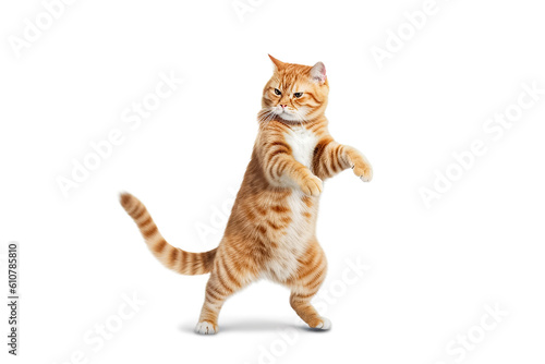 Funny dancing cat red isolated on white background. The cat stands on its hind legs in full height, as if dancing or drunk. Generative AI