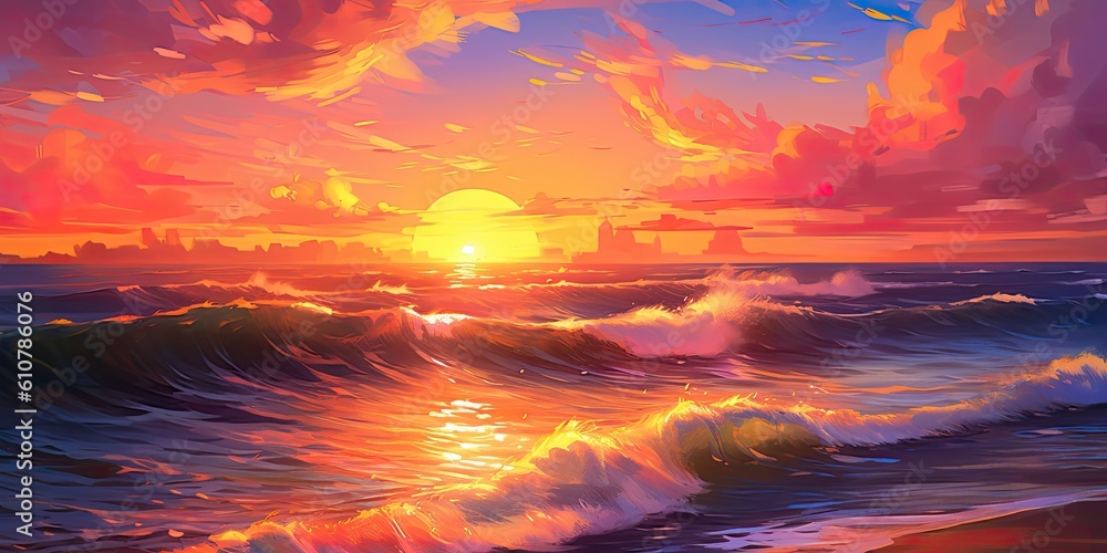 A Digital Painting of Tranquil Summer Bliss by the Ocean  Generative AI Digital Illustration Part#080623 