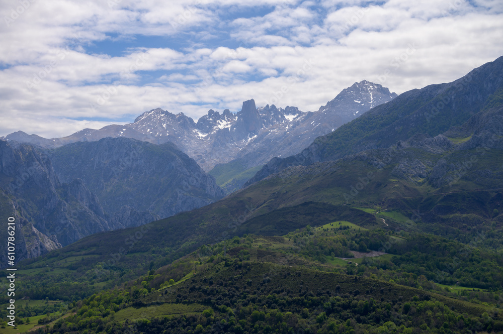 View on Naranjo de Bulnes or Picu Urriellu, limestone peak dating from Paleozoic Era, located in Macizo Central region of Picos de Europa, mountain range in Asturias, Spain View on Naranjo de Bulnes or Picu Urriellu, limestone peak dating from Paleozoic Era, located in Macizo Central region of Picos de Europa, mountain range in Asturias, Spain