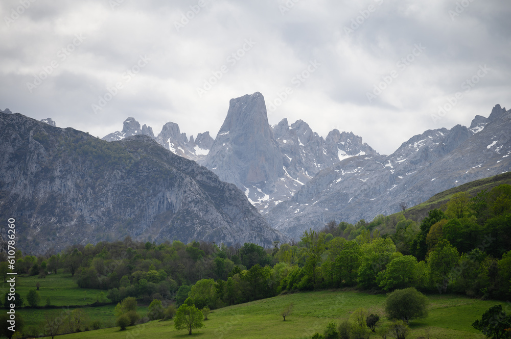 View on Naranjo de Bulnes or Picu Urriellu, limestone peak dating from Paleozoic Era, located in Macizo Central region of Picos de Europa, mountain range in Asturias, Spain View on Naranjo de Bulnes or Picu Urriellu, limestone peak dating from Paleozoic Era, located in Macizo Central region of Picos de Europa, mountain range in Asturias, Spain