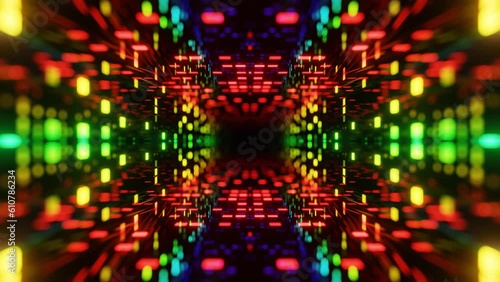 Wallpaper Mural 4k seamless looped animation. Fly through mirror symmetrical tunnel with neon pattern, sci fi glow pattern. Bright reflection neon light. Simple bright background, sci fi structure Torontodigital.ca