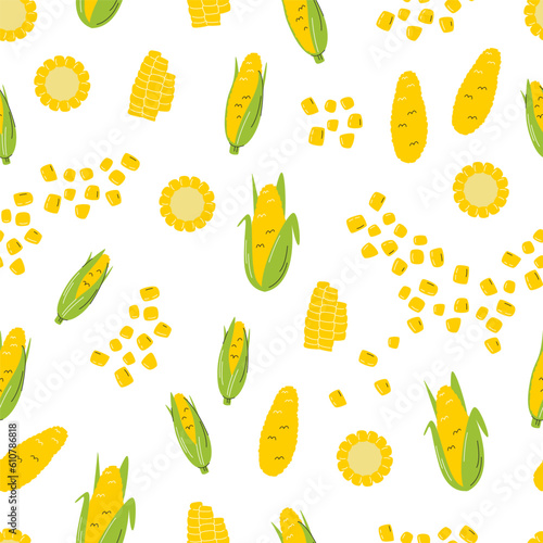 Corncob seamless pattern. Different sweet corns. Eco farm local agricultural product. Vegetable wallpaper design. Harvest season food print. Hand drawn flat vector illustration isolated on white