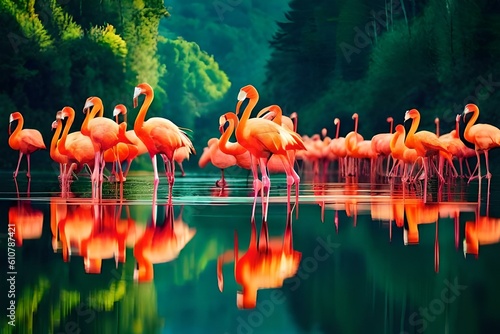 Flamingoes bird with orange color at the bank of the ocean