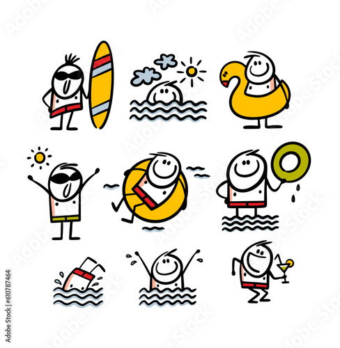 Set of happy people resting on the beach. Vector illustration of swimming, surfing and having fun young boys near the sea coast. Cartoon collection of stickman.