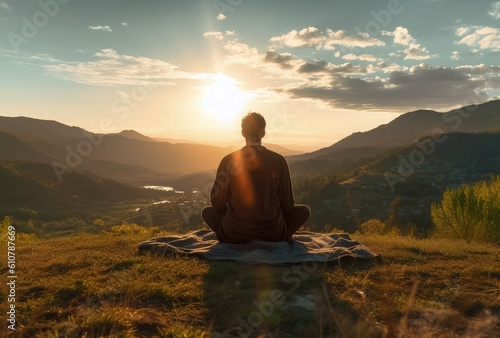 yoga - person meditating in the mountains - generative AI