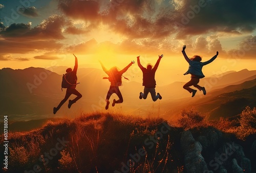 jumping group on sunset - generative AI
