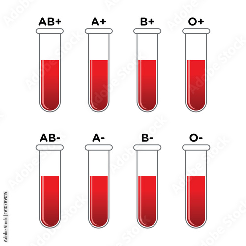 Group blood in test tube flat design. Blood test graphic vector illustration