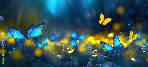 yellow and blue butterflies with a blurred blue background - generative AI