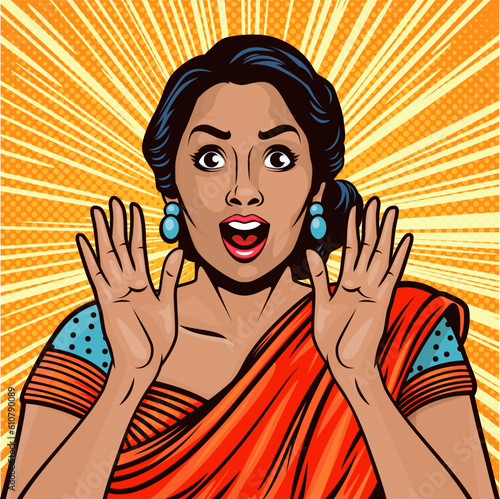 Vector Banner with Indian Woman, Wow Face, Holding Hands, Arms, Palms Near Her Cheeks in Pop Art Comic Style. Advertising Poster for Sale, Discount Placard, Flyer Card. Beautiful Surprised Woman