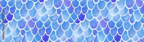 Mermaid pattern, watercolor scale texture. Blue hand painted fish tail underwater seamless vector background.