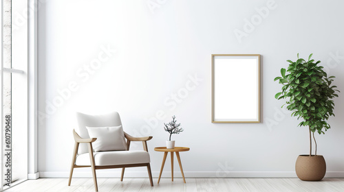 Minimalistisch eingerichtetes Zimmer mit Interieur aus einem Stuhl, Beistelltisch, Pflanze und einem leerem Bilderrahmen an der Wand als Template (Rahmenvorlage) für Poster, Gemälde etc. (Gen. AI)