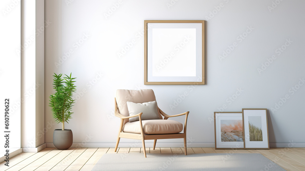 Minimalistisch eingerichtetes Zimmer mit Interieur aus einem Stuhl, Pflanze und einem leerem Bilderrahmen an der Wand als Template (Rahmenvorlage) für Poster, Gemälde etc. (Gen. AI) Minimalistisch eingerichtetes Zimmer mit Interieur aus einem Stuhl, Pflanze und einem leerem Bilderrahmen an der Wand als Template (Rahmenvorlage) für Poster, Gemälde etc. (Gen. AI)