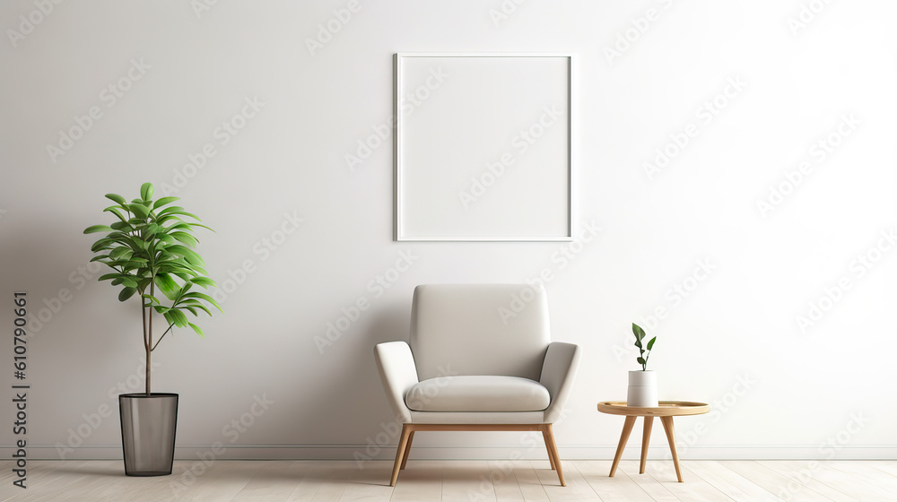 Minimalistisch eingerichtetes Zimmer mit Interieur aus einem Stuhl, Beistelltisch, Pflanze und einem leerem Bilderrahmen an der Wand als Template (Rahmenvorlage) für Poster, Gemälde etc. (Gen. AI) Minimalistisch eingerichtetes Zimmer mit Interieur aus einem Stuhl, Beistelltisch, Pflanze und einem leerem Bilderrahmen an der Wand als Template (Rahmenvorlage) für Poster, Gemälde etc. (Gen. AI)