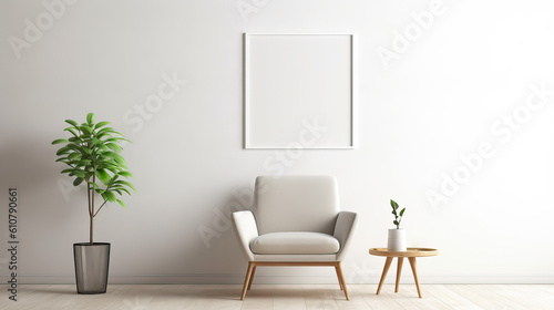 Minimalistisch eingerichtetes Zimmer mit Interieur aus einem Stuhl  Beistelltisch  Pflanze und einem leerem Bilderrahmen an der Wand als Template  Rahmenvorlage  f  r Poster  Gem  lde etc.  Gen. AI 