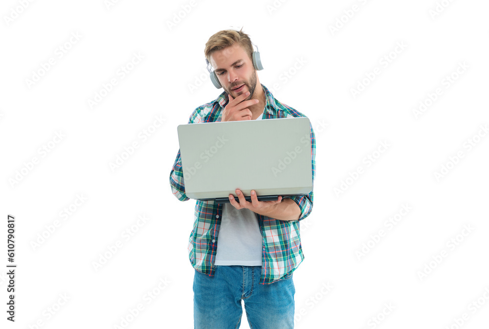pondering millennial man blogger isolated on white. millennial man blogger pondering millennial man blogger isolated on white. millennial man blogger