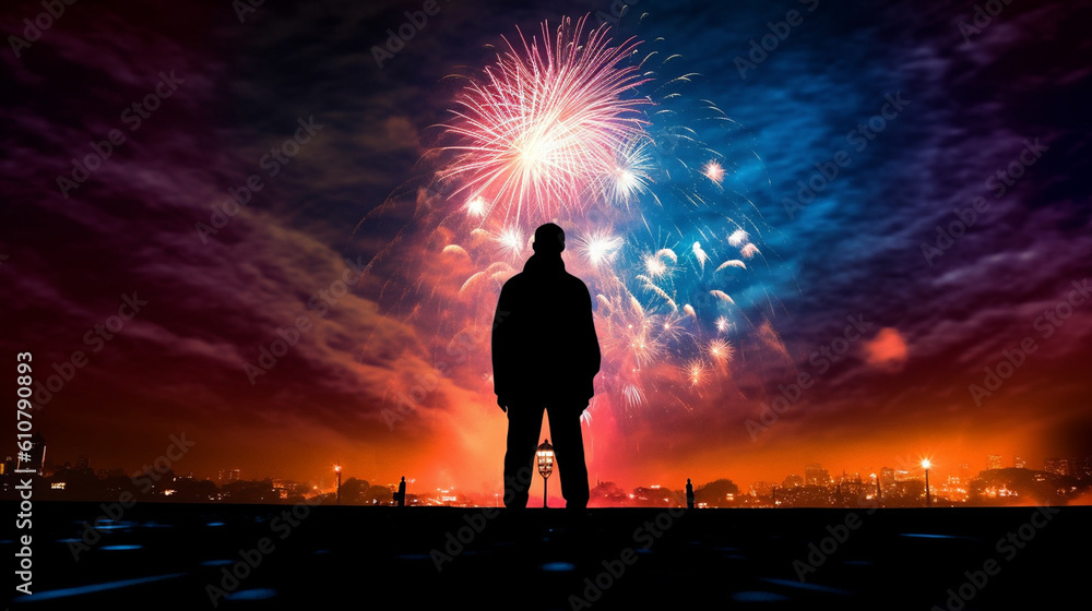 Silhouette of a Person Watching a Beautiful Fireworks Show in the Distance - American Holiday Celebration Theme - 4th of July or New Years Eve - Patriotic Red, White, and Blue - Generative AI
