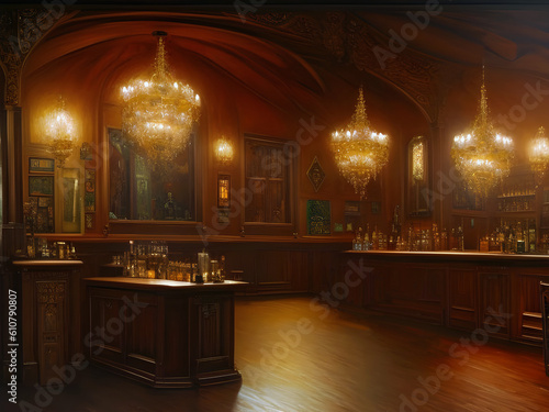 interior of an old fashioned cellar bar room with polished wooden floor and furniture with drinks on tables illuminated by glowing lamps. generative ai