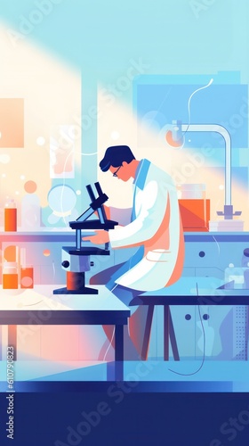 Scientist looking through microscope in laboratory, cartoon illustration, vertical,