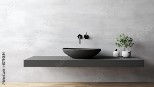washroom in a minimalist design with a suspended countertop and a minimalist washbasin and wall-mounted tap, bottle of liquid soap and flowerpot with a plant, created with Generative AI Technology. photo