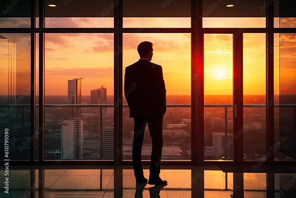 Person standing in front of a large glass window, looking out at the city skyline, representing the idea of of clear vision and a long-term perspective in achieving business success. Generative AI Person standing in front of a large glass window, looking out at the city skyline, representing the idea of of clear vision and a long-term perspective in achieving business success. Generative AI