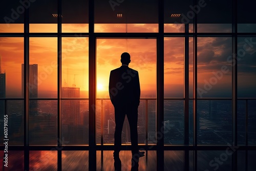 Person standing in front of a large glass window, looking out at the city skyline, representing the idea of of clear vision and a long-term perspective in achieving business success. Generative AI © Adriana