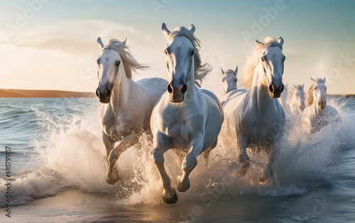 Picture the exhilarating moment when a stunning horse gracefully gallops along the beach, amidst the splashes of waves crashing nearby.  Generative AI © omune