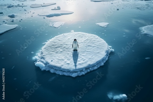 A lone penguin on a melting ice floe. Climate change concept. AI generated  human enhanced