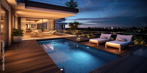  Luxurious Pool Deck with Stylish Furniture and Seamless Indoor Generative AI Digital Illustration Part#080623 