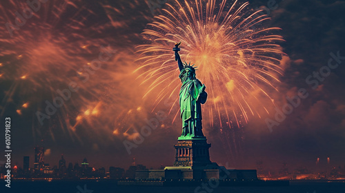 Statue of Liberty in New York City with Fireworks Bursting in the Sky - 4th of July or New Years Eve Holiday Celebration Concept - Generative AI © AnArtificialWonder