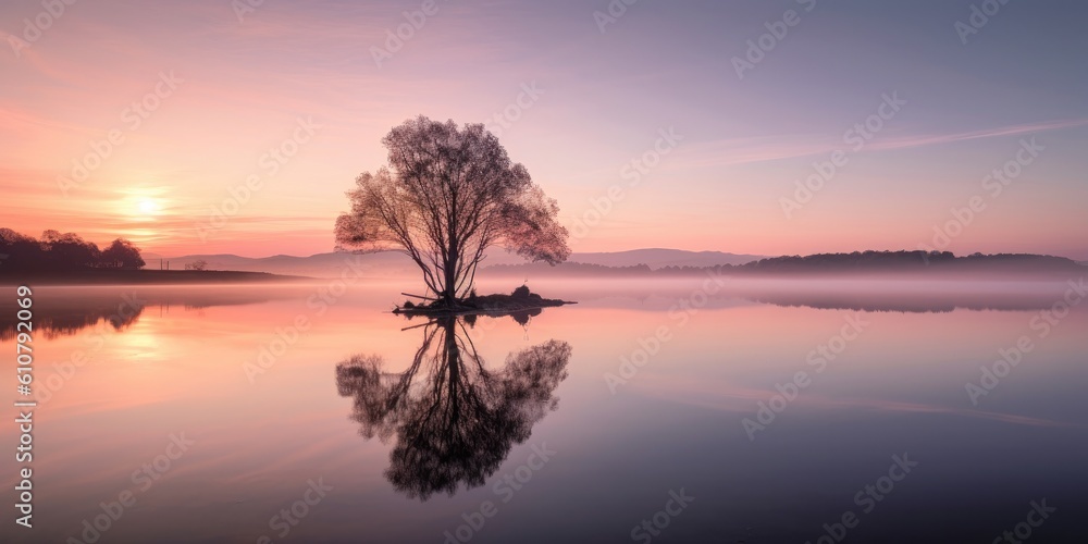 Serene Dawn Scene with Soft Sunrise Colors and Calm Water Reflection  Generative AI Digital Illustration Part#080623 