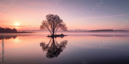 Serene Dawn Scene with Soft Sunrise Colors and Calm Water Reflection  Generative AI Digital Illustration Part 080623 