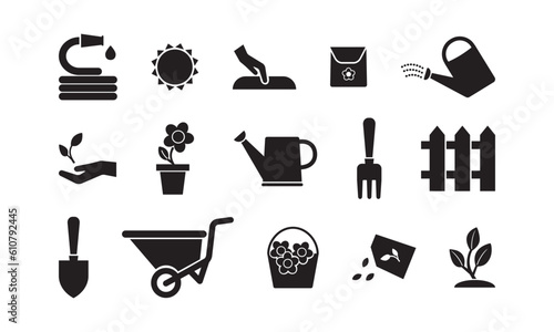 Fotografiet Garden vector icon, seed in soil, flower pot, growth set, black silhouette isolated on white background