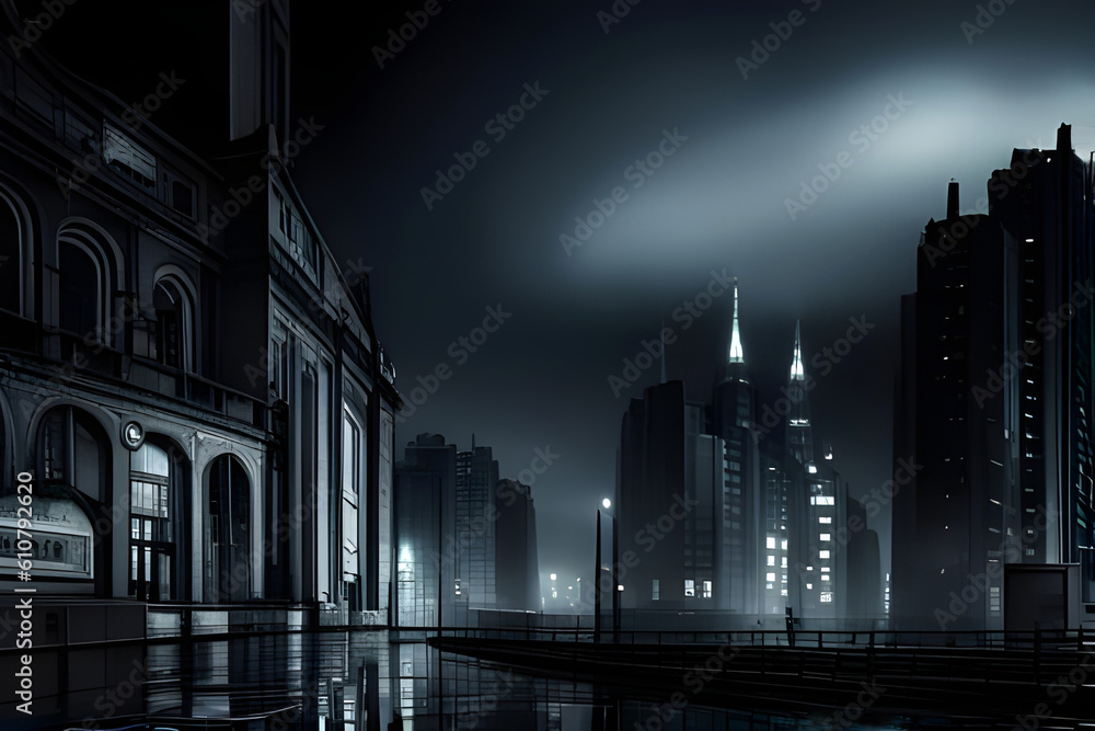 film noir style image of a wet street in the rain at night with vehicle lights and surrounding buildings reflected on the surface. generative ai
