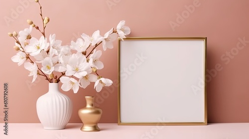 White flower in pink vase on table with empty modern golden white photo frame against pink blue background. Home furnishings buck up Generative AI