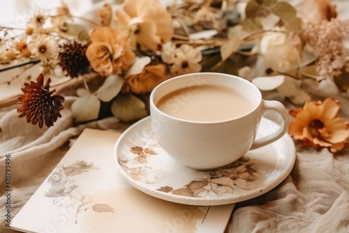 Tea with milk in a creative studio. AI generated, human enhanced photo