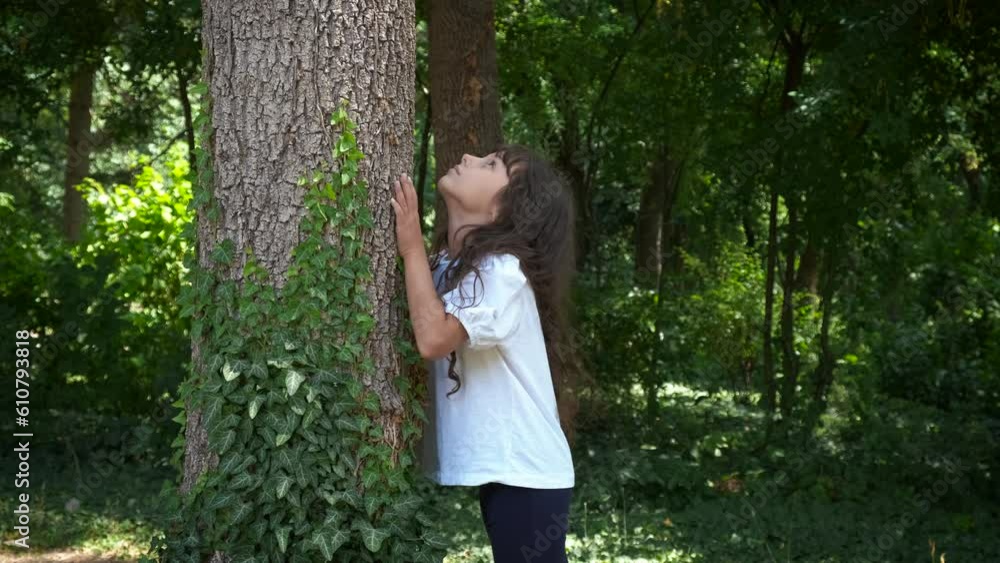 Hide and seek mood in forest. A joyful child hide by the old green tree in the sunny park in summer. Hide and seek mood in forest. A joyful child hide by the old green tree in the sunny park in summer.